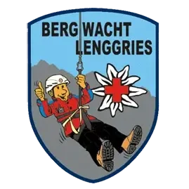 Logo der Bergwacht Lenggries mit Kletterer und rotem Kreuz auf grauem Hintergrund.