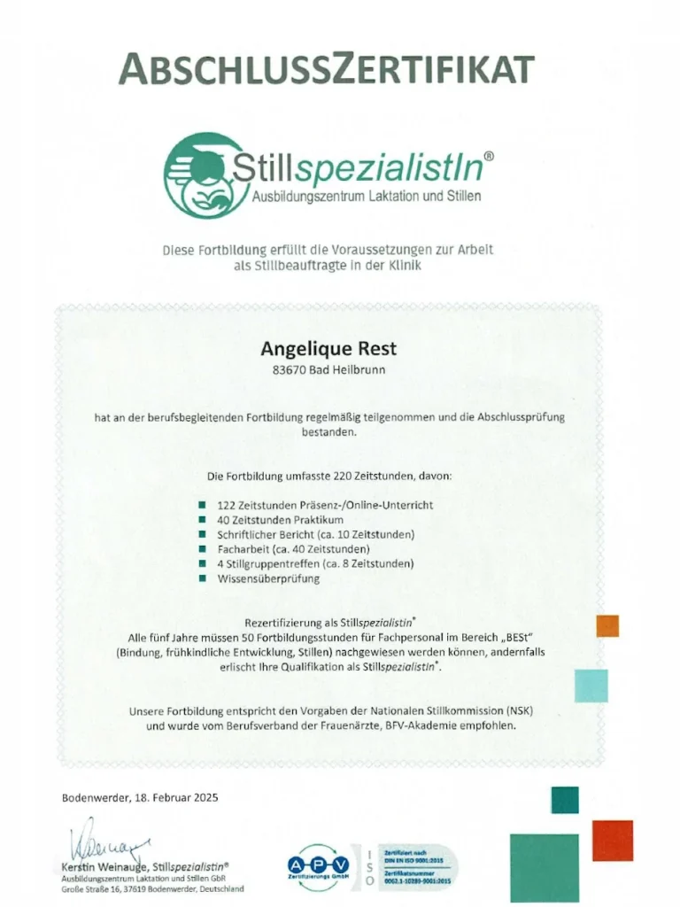 Abschlusszertifikat zur Stillspezialistin von Angelique Rest.