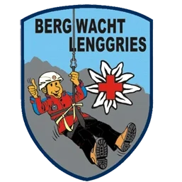 Logo der Bergwacht Lenggries mit einem Bergretter am Seil und einem roten Kreuz.